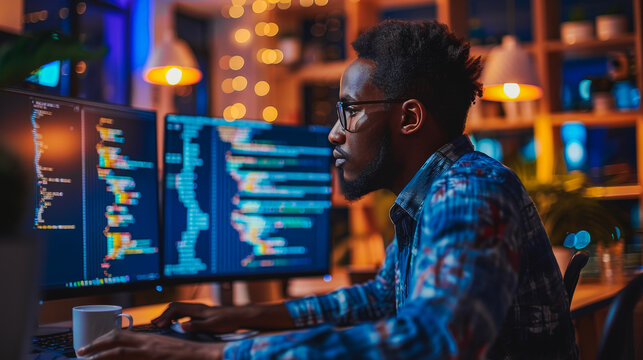 A man in a blue shirt is working on a computer with two monitors