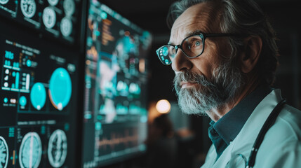 He is focused and attentive, possibly analyzing data or working on a project
