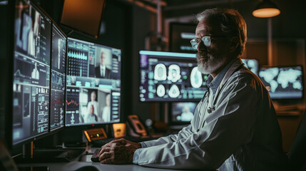 A man in a lab coat is sitting in front of a computer monitor with a smile on hi