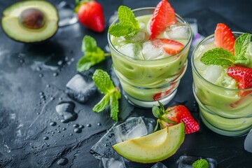 Two glasses of avocado smoothie with strawberries and mint on a table