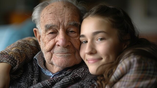 Shared moment of comfort and support between an older grandparent and a younger family member during a respite care service