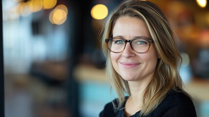 Female entrepreneur wearing glasses looking at camera with smile. Portrait of confident businesswoman in office. Portrait of happy and successful businesswoman.
