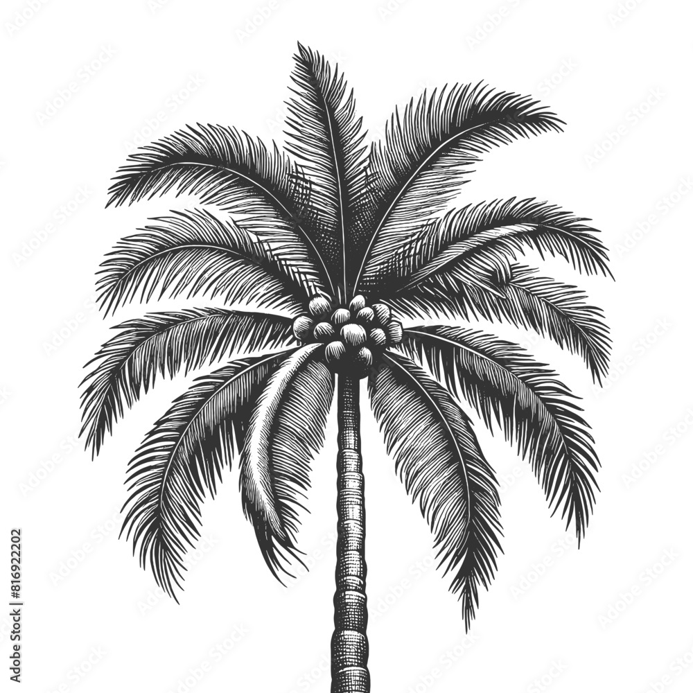Poster palm tree, showcasing intricate leaf patterns and textures sketch engraving generative ai fictional 