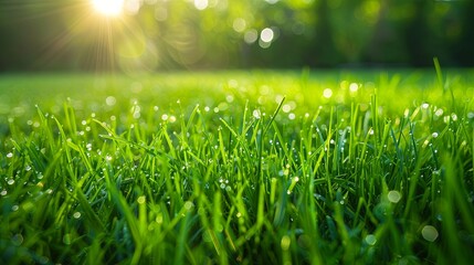 green lawn grass with water droplets under sunlight. lawn watering system