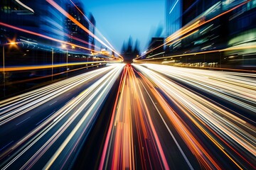 Long Exposure Photography Capturing the Dynamic Movement of City Highway Traffic at Night with Vibrant Light Trails and Urban Energy