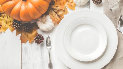 Elegant Festive Table Setting with Empty Plate and Cutlery, Surrounded by Pumpkins and Autumn Leaves, Ready for Celebration