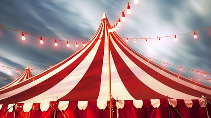 Vibrant Red and White Circus Tent Illuminated by String Lights at Twilight, Capturing the Magical Atmosphere of a Traveling Circus
