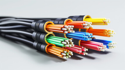 Close-up of multiple colorful fiber optic cables arranged side by side, highlighting their vibrant colors and intricate structure, set against a neutral background.