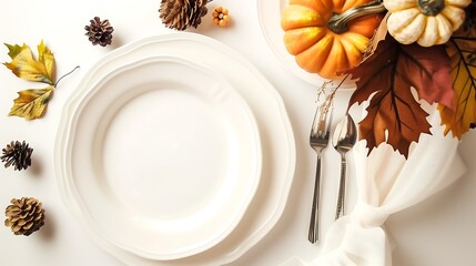 Elegant Festive Table Setting with Empty Plate and Cutlery, Surrounded by Pumpkins and Autumn Leaves, Ready for Celebration