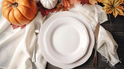 Elegant Festive Table Setting with Empty Plate and Cutlery, Surrounded by Pumpkins and Autumn Leaves, Ready for Celebration