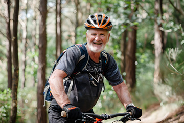 Fototapeta premium Portrait of a happy senior man with mountain bike in the forest on a sunny day. Ideal for outdoor, leisure, and active lifestyle concepts.