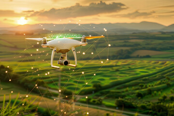 Naklejka premium A drone equipped with advanced technology, including a holographic display of data, flies over a green field, illustrating efficiency and sustainability