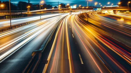 High-Speed Traffic Lights Captured in Long Exposure on a Busy Highway at Night, Creating a Dynamic and Vibrant Scene