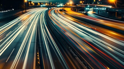 High-Speed Traffic Lights Captured in Long Exposure on a Busy Highway at Night, Creating a Dynamic and Vibrant Scene