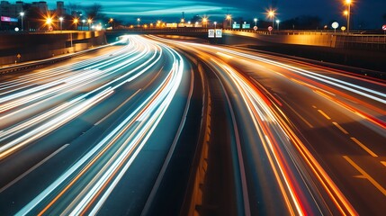 High-Speed Traffic Lights Captured in Long Exposure on a Busy Highway at Night, Creating a Dynamic and Vibrant Scene