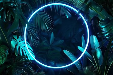 Illuminated Neon Circle Surrounded by Vibrant Green Tropical Leaves in a Mysterious Dark Jungle Setting at Night