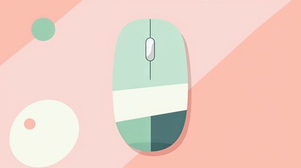 Minimalist computer mouse design against pastel pink and mint green background. Clean lines and geometric shapes create modern aesthetic. Central button visible on mouse surface.