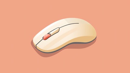 Cream-colored wireless computer mouse with red scroll wheel on peach background. Simple and minimalist design with ergonomic features for comfortable use. Suitable for various work environments. .