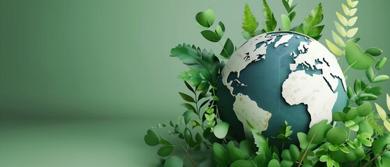 Earth Globe Surrounded by Green Leaves on a Light Background, Symbolizing Environmental Protection and Sustainability
