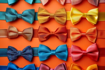 Colorful bow ties arranged on orange background. Flat lay composition. Fashion and accessories concept. Design for poster, banner.