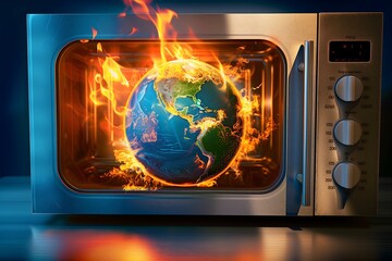 Dramatic Concept of Earth on Fire Inside a Microwave Oven, Highlighting Climate Change and Global Warming Crisis