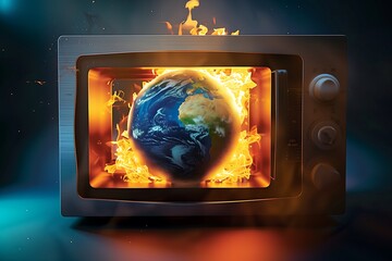Dramatic Concept of Earth on Fire Inside a Microwave Oven, Highlighting Climate Change and Global Warming Crisis