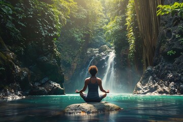 A Woman Meditating In Front Of A Waterfall In The Forest