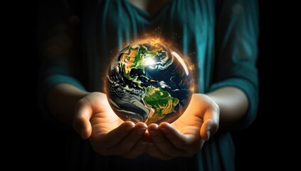 A woman is holding a globe in her hands