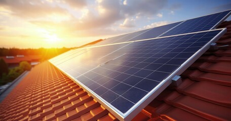 Solar panels on the roof against a blue sky, a house with a red tile roof and a green garden