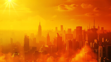 A cityscape viewed during golden hour with tall skyscrapers silhouetted against a bright and hazy, orange-tinted sky, featuring a radiant sun and scattered clouds.