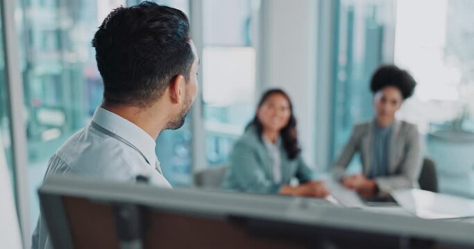 Businessman, coaching and whiteboard with team for presentation, collaboration or training staff at office. Asian man or employee talking to employees for business proposal, idea or plan at workplace