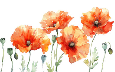 Obraz premium Watercolor Painting of Red and Orange Poppies with Green Stems and Buds