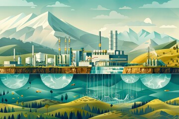 Futuristic geothermal energy plant set against mountainous backdrop. Factory complex includes smokestacks,  machinery above ground, cross-sectional view geothermal wells underground processes below.