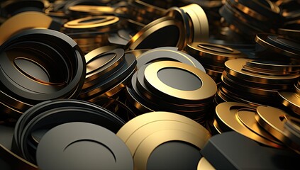 A close up of gold and black circles