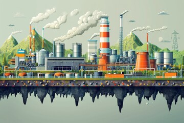 Obraz premium industrial scene shows large factory multiple smokestacks storage tanks against mountainous landscape. Emitting smoke indicates active production. Cross-section reveals underground pipeline network