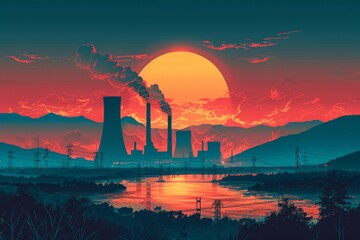 Stylized illustration power plant sunset. Large sun behind mountains. Smoke from chimneys. Reflection on water. Electric towers foreground. Dramatic red and orange colors. Environmental impact.