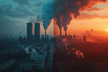 Split-screen view industrial power plant day and night. Smoke from tall chimneys. Urban landscape buildings, roads, streetlights. Right side illuminated sunset, left side dark, blue tones.