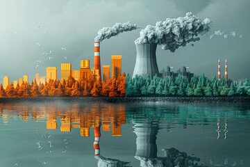 Split view of industrial plant. Orange side with modern factory and trees. Green side with cooling tower and forest. Reflection on water. Concept environmental impact and industrial contrast.