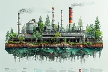 Cutaway view industrial factory pollution. Smoke billowing from chimneys. Green trees surrounding plant. Underground section showing roots, soil layers. Concept environmental impact, sustainability.