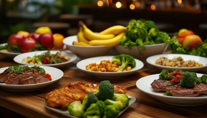 A wooden dinner table displays four plates of assorted vegetables and meat, accompanied by bowls of bananas and apples. Broccoli, in different sizes, enhances the nutritious spread.
