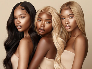 Three beautiful black women model with long black and blonde hair extensions, beauty concept, beige background © PhotoLuxeStudio