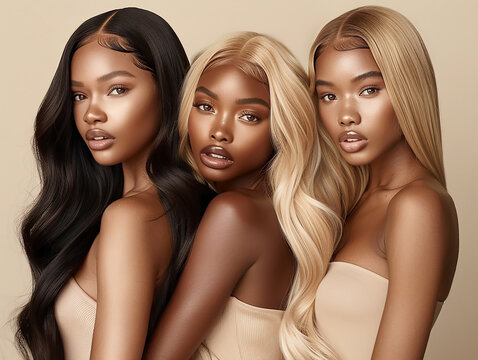 Three beautiful black women model with long black and blonde hair extensions, beauty concept, beige background