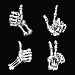  Skeleton hands show different sign, vector illustration.