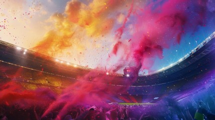 Soccer fans create a vivid atmosphere in a stadium with colorful smoke