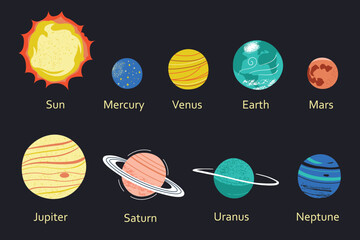 Solar system collection, doodle icons of planets Mars, Earth, Venus and Jupiter, vector illustrations of Uranus and Neptune, astronomy book for children, science poster, educational infographic © Elena