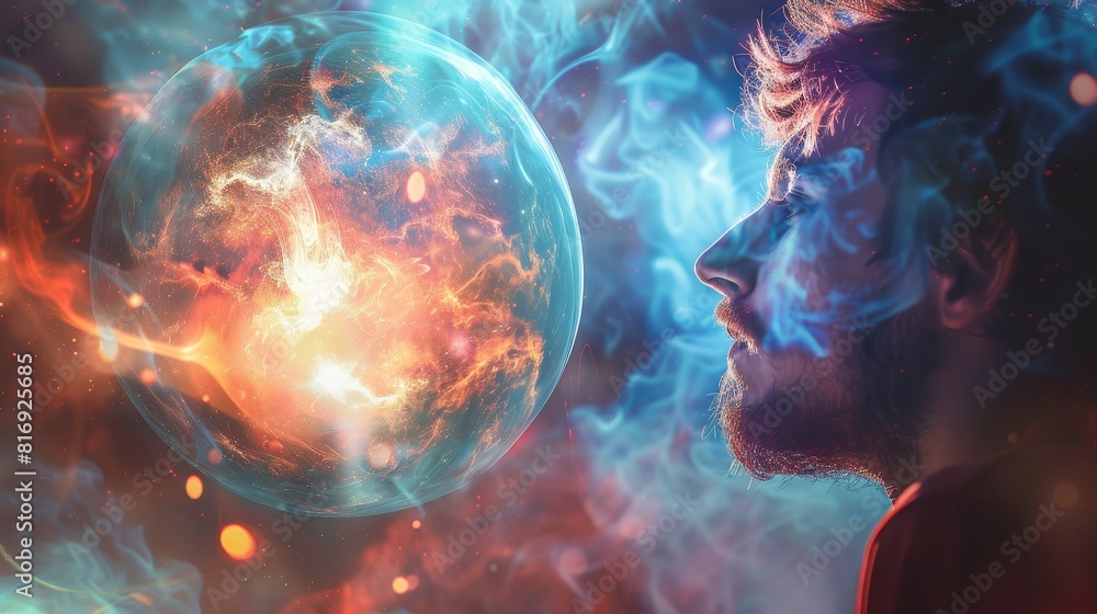 Poster astronomical event behind blurred profile - digital portrayal of a nebula-like celestial event obser