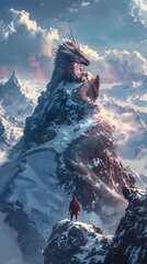 A mountain climber came upon a dragon sleeping on the top of a snowy mountain.