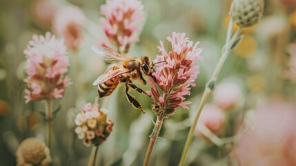 A selective focus shot of a bee eating the nectar. with copy space
