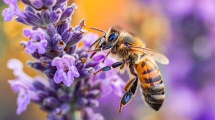 Fototapeta premium A selective focus shot of a bee eating the nectar. with copy space