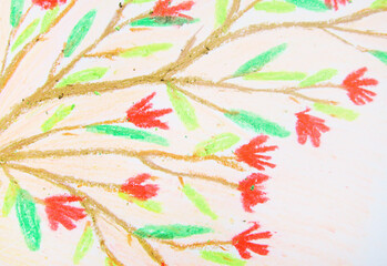 Hand drawn illustration of a tree with flowers as floral botanical artistic background